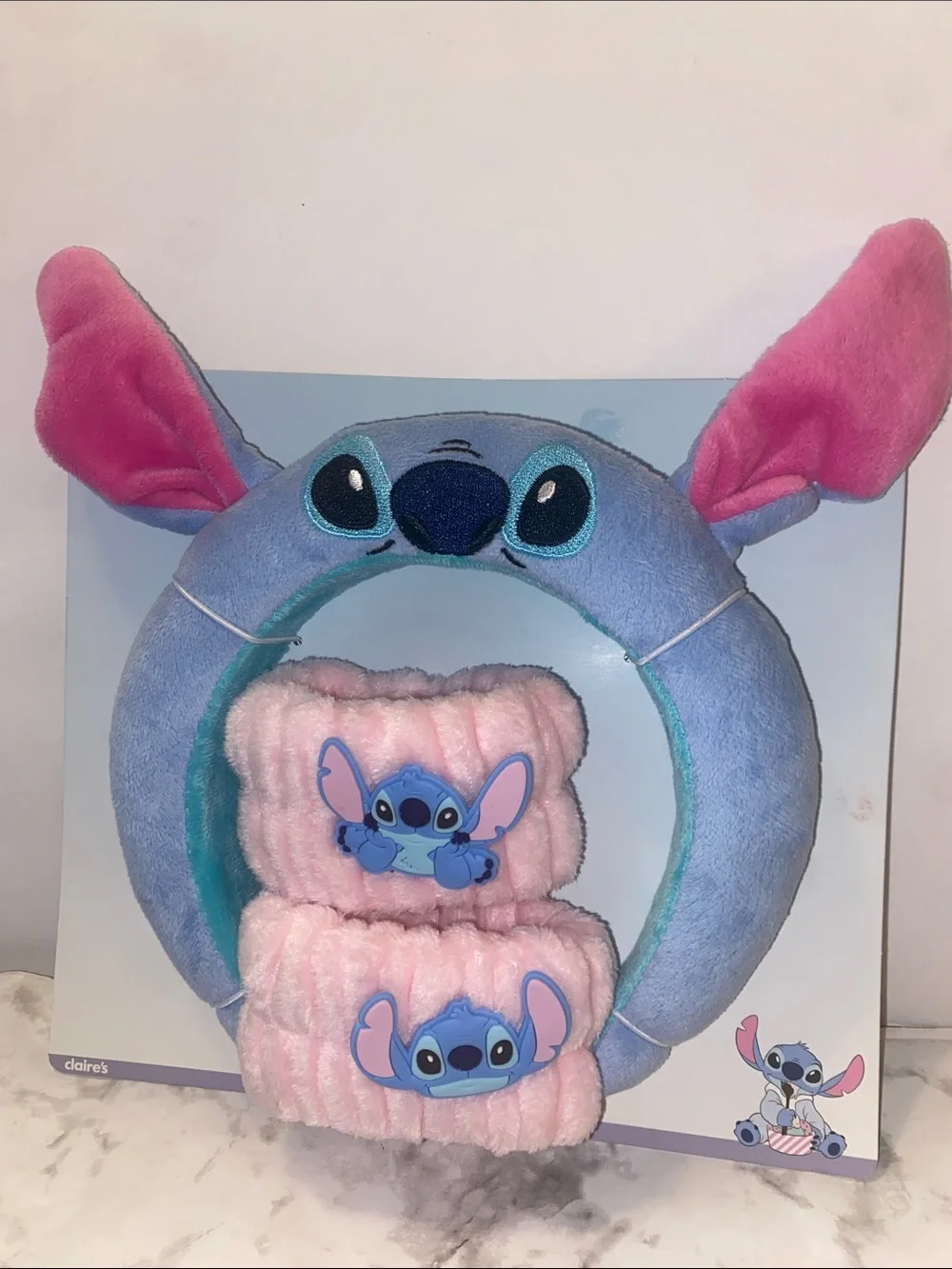 Claire's Blue & Pink Stitch Plush Headband with Pink Wrist Cuffs